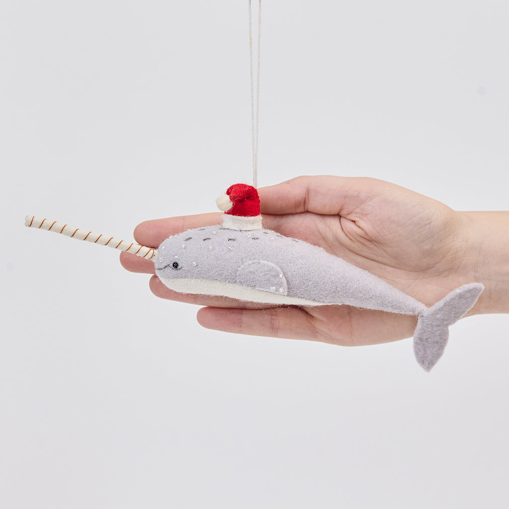 Santa Gray-Blue Narwhal Ornament - Bright Red Hat