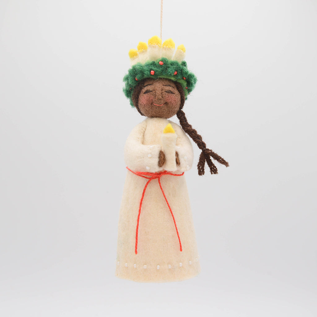 Hand Felted Brown Santa Lucia Ornament Holding a Lit Candle