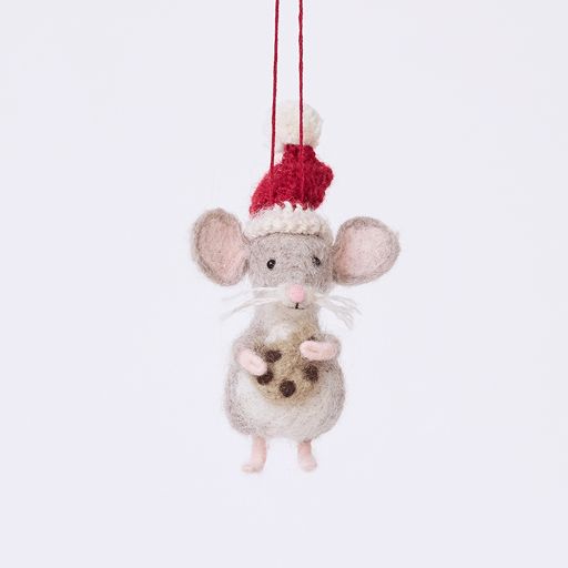 Craftspring’s Santa Mouse with Cookie Ornament rotating to show front, side, and back views — needle felted mouse with a cute face and whiskers, wearing a knitted Santa hat and holding a cookie, a playful ornament perfect for holiday gifting — heirloom-quality Christmas decor, ethically crafted by artisans using sustainable wool.