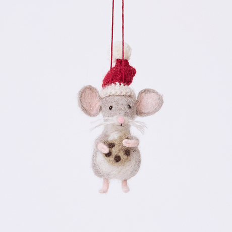Craftspring’s Santa Mouse with Cookie Ornament rotating to show front, side, and back views — needle felted mouse with a cute face and whiskers, wearing a knitted Santa hat and holding a cookie, a playful ornament perfect for holiday gifting — heirloom-quality Christmas decor, ethically crafted by artisans using sustainable wool.