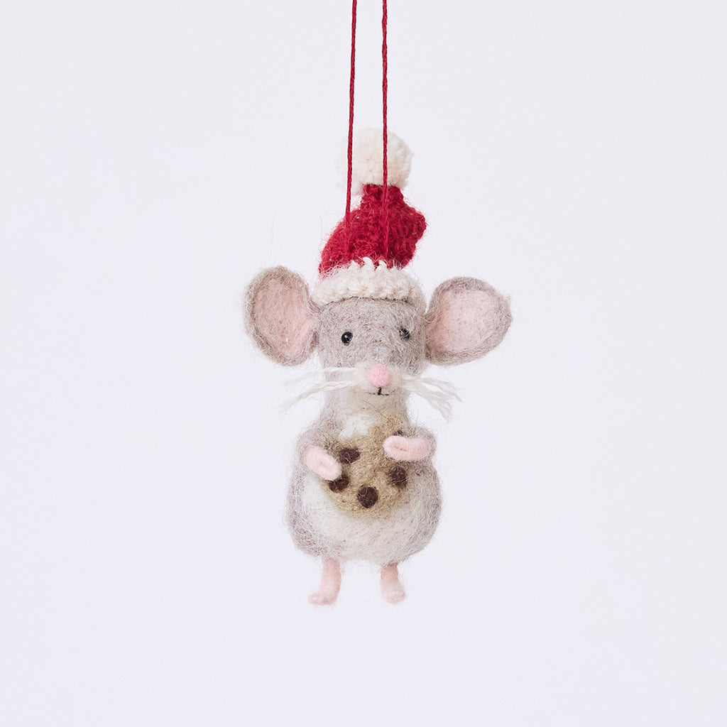 Craftspring’s Santa Mouse with Cookie Ornament — needle felted mouse with a cute face and whiskers, wearing a knitted Santa hat and holding a cookie — heirloom-quality Christmas ornament, perfect for holiday gifting, ethically crafted by artisans using sustainable wool.