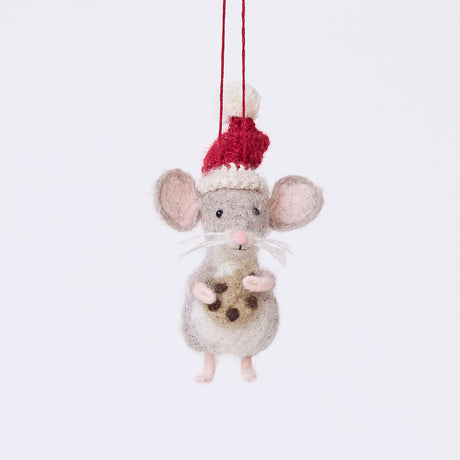 Craftspring’s Santa Mouse with Cookie Ornament — needle felted mouse with a cute face and whiskers, wearing a knitted Santa hat and holding a cookie — heirloom-quality Christmas ornament, perfect for holiday gifting, ethically crafted by artisans using sustainable wool.