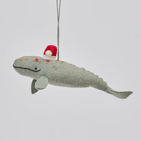 Handmade felt Santa Spyhop Gray Whale ornament from Craftspring, featuring intricate embroidered details and a red Santa hat—heirloom-quality Christmas decor, ethically crafted by artisans using sustainable wool.