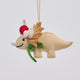 Handmade felt Santa Triceratops ornament from Craftspring, featuring a dinosaur wearing a red Santa hat and green scarf, with intricate embroidered and beaded details—showcasing artisan craftsmanship and festive holiday charm, ethically crafted using sustainable wool.