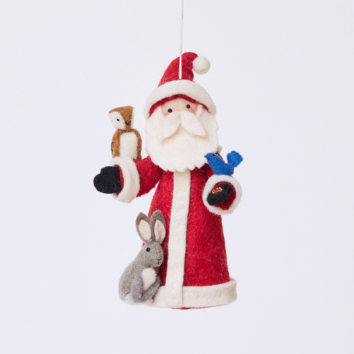 Handmade felt Santa with Woodland Animals ornament from Craftspring rotating to show front, side, and back views—featuring a Santa holding beaded birdseed with a bunny next to him, and an owl and a bluebird perched on his arms, ethically crafted by artisans using sustainable wool.