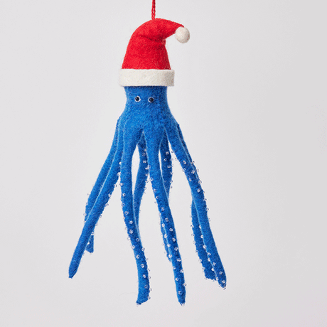 Craftspring’s Blue Santapus Ornament from the Christmas Ocean Ornaments Bundle rotating to show front, side, and back views — felt blue octopus wearing a Santa hat with embroidered and beaded details, a whimsical ornament perfect for holiday gifting — heirloom-quality Christmas decor, ethically crafted by artisans using sustainable wool.
