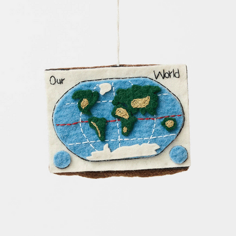 A double-sided handmade felt school blackboard ornament featuring a world map on one side and classic math formulas on the other. An ode to old-school learning and the teachers that inspired us.