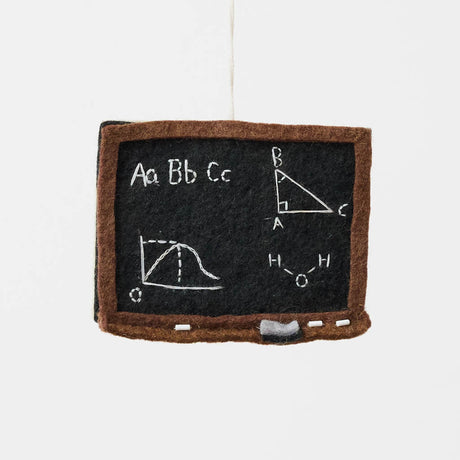 Felt blackboard ornament with chalk drawings on a white background