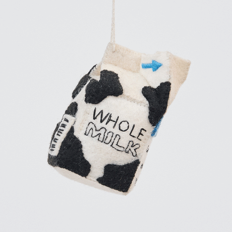 Handmade felt School Milk Carton ornament from Craftspring rotating to show front, side, and back views—highlighting embroidered and appliqué details, ethically crafted by artisans using sustainable wool.