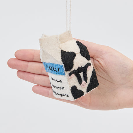 Handmade felt School Milk Carton ornament from Craftspring held in front of a hand to show its size—featuring intricate embroidered and appliqué details, ethically crafted by artisans using sustainable wool.