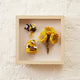 Bee-themed felt shadow box featuring three hand-felted ornaments on cream fabric