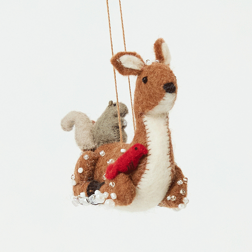 Handmade felt Sitting Deer with Friends Ornament from Craftspring rotating to show front, side, and back views—deer with a rabbit, squirrel, and bird, detailed with beading and embroidery, ethically crafted by artisans using sustainable wool.