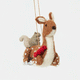 Handmade felt Sitting Deer with Friends Ornament from Craftspring rotating to show front, side, and back views—deer with a rabbit, squirrel, and bird, detailed with beading and embroidery, ethically crafted by artisans using sustainable wool.