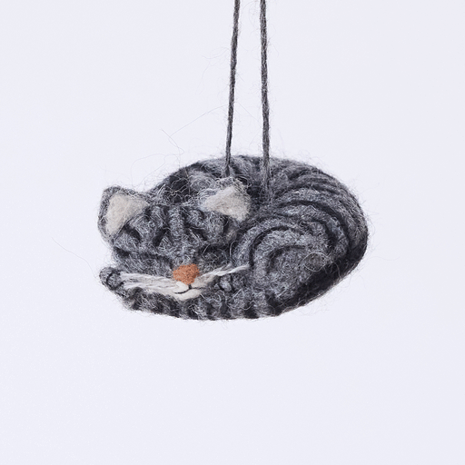 Handmade needle-felted Sleepy Gray Cat Ornament from Craftspring rotating to show front, side, and back views—highlighting whiskers and a cute face, ethically crafted by artisans using sustainable wool.