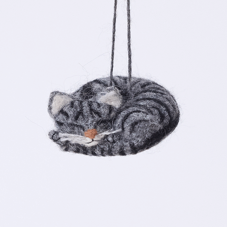 Handmade needle-felted Sleepy Gray Cat Ornament from Craftspring rotating to show front, side, and back views—highlighting whiskers and a cute face, ethically crafted by artisans using sustainable wool.