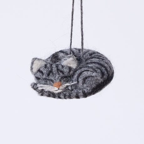 Handmade needle-felted Sleepy Gray Cat Ornament from Craftspring, with whiskers and a cute face—adorable Christmas decor, ethically crafted by artisans using sustainable wool.