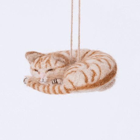Handmade needle-felted Sleepy Orange Cat Ornament from Craftspring rotating to show front, side, and back views—highlighting stripes, whiskers, and a cute face, ethically crafted by artisans using sustainable wool.
