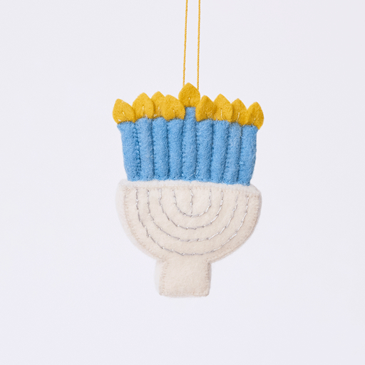 Handmade felt Small Silver Menorah ornament from Craftspring rotating to show front, side, and back views — white base with silver embroidery and blue candles with flames, ethically crafted by artisans using sustainable wool for Hanukkah and holiday traditions.