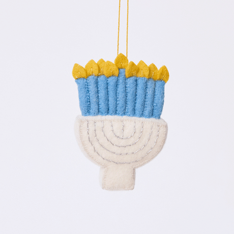 Handmade felt Small Silver Menorah ornament from Craftspring rotating to show front, side, and back views — white base with silver embroidery and blue candles with flames, ethically crafted by artisans using sustainable wool for Hanukkah and holiday traditions.