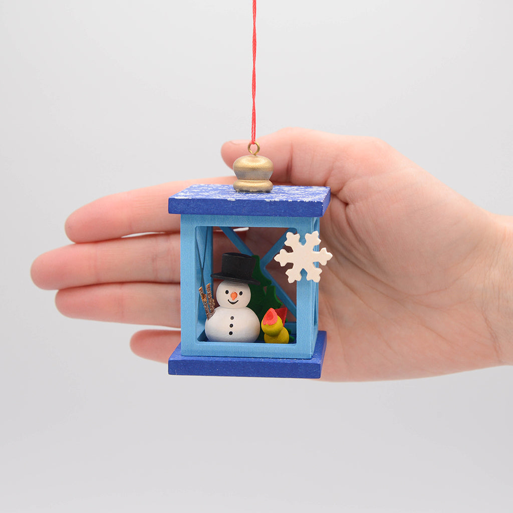 Snowman Lantern German Wooden Ornament