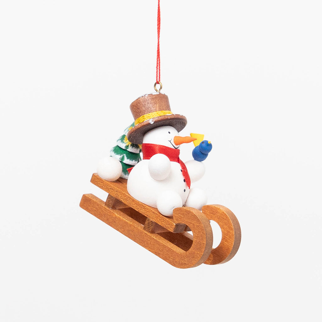 Snowman Sled German Wooden Ornament