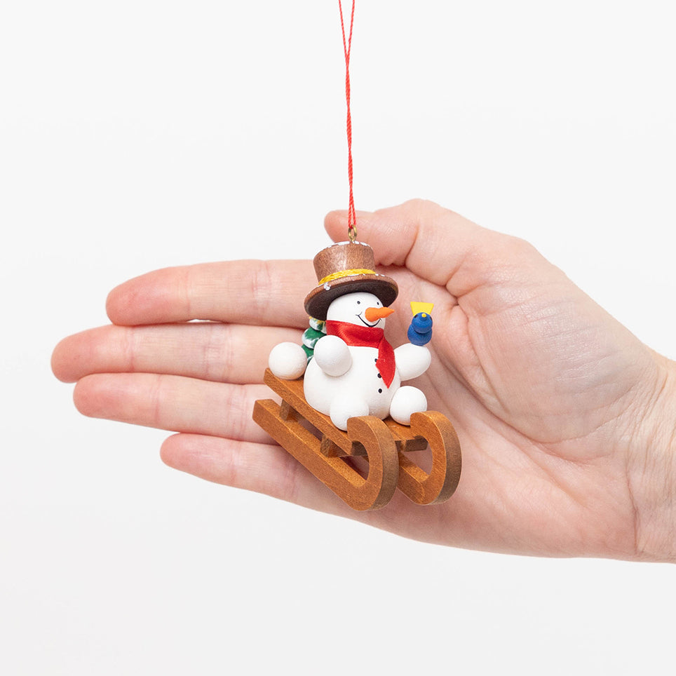 Snowman Sled German Wooden Ornament