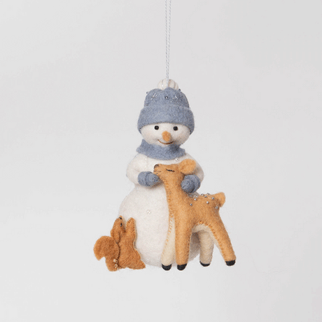 Craftspring’s Snowman with Friends Ornament from the Tender Woodland Ornaments Bundle rotating to show front, side, and back views — felt snowman with friends, sweet and tender with intricate beaded and embroidered details, a playful ornament perfect for holiday gifting — heirloom-quality Christmas decor, ethically crafted by artisans using sustainable wool.