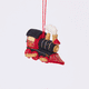 Craftspring’s Steam Engine Train Ornament rotating to show front, side, and back views — felt black and red train with gold embroidery and beading, fluffy steam, and a wreath on the back, a playful ornament perfect for holiday gifting — heirloom-quality Christmas decor, ethically crafted by artisans using sustainable wool.