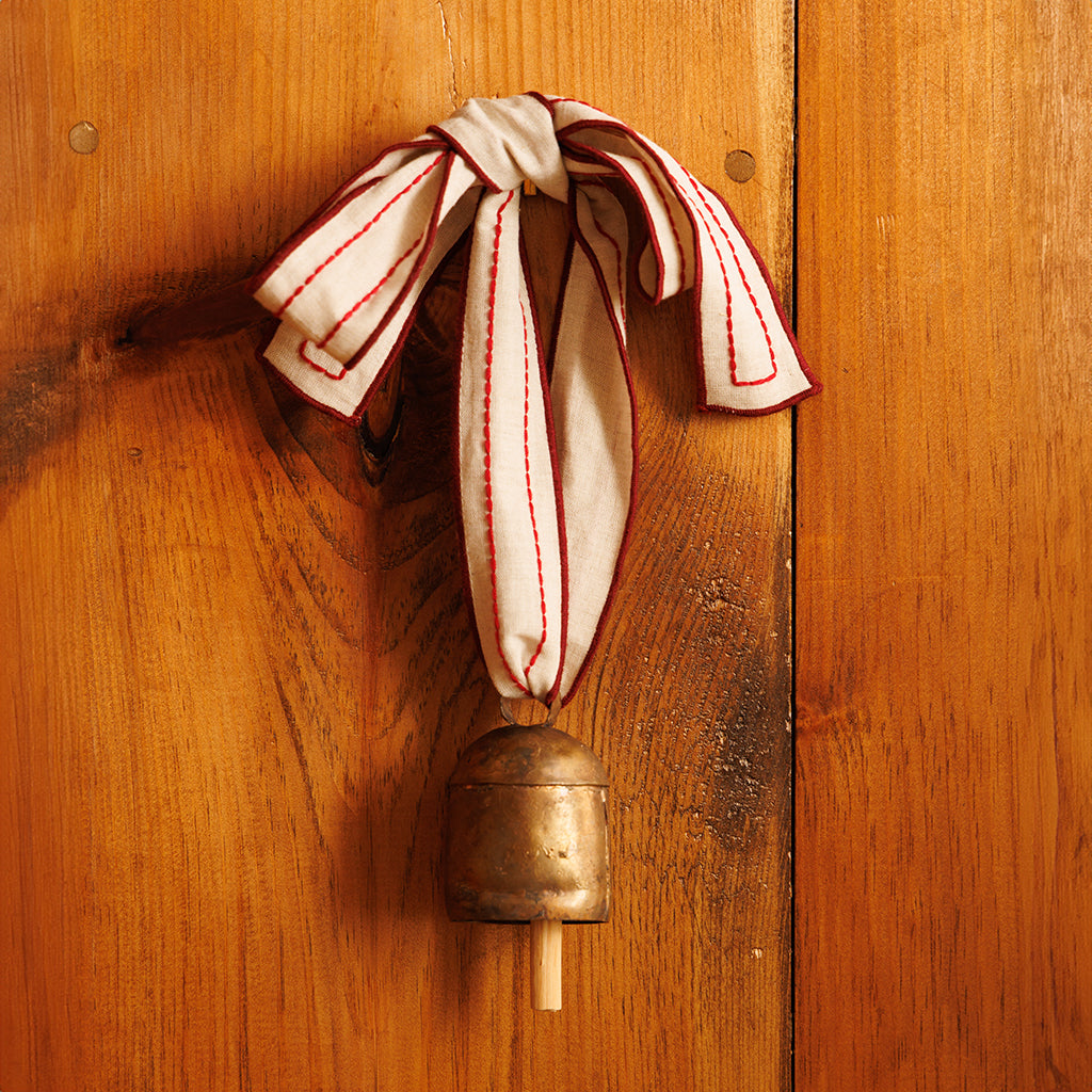 Festive Metal Bell with Hand-Embroidered Ribbon