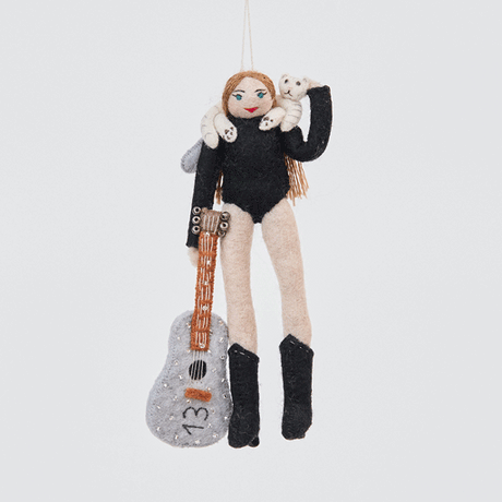 Handmade felt Taylor Swift with Cat ornament from Craftspring rotating to show front, side, and back views—featuring Taylor holding a guitar with the number 13 and a cat around her shoulders, ethically crafted by artisans using sustainable wool.