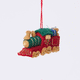 Craftspring’s Toy Train Ornament rotating to show front, side, and back views — felt red and green train with gold embroidery, carrying presents and a teddy bear, a playful ornament perfect for holiday gifting — heirloom-quality Christmas decor, ethically crafted by artisans using sustainable wool.