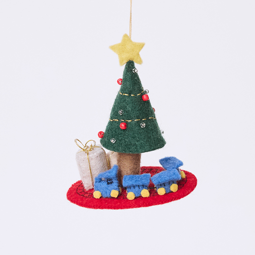 Craftspring’s Train Around the Christmas Tree Ornament rotating to show front, side, and back views — felt blue toy train wrapping around the base of a decorated Christmas tree with presents, a playful ornament perfect for holiday gifting — heirloom-quality Christmas decor, ethically crafted by artisans using sustainable wool.