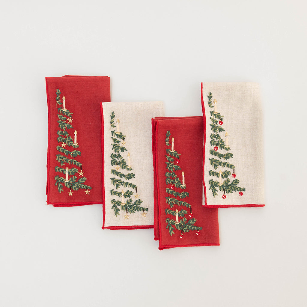 Red & Natural Tree Linen Napkins - Set of 4