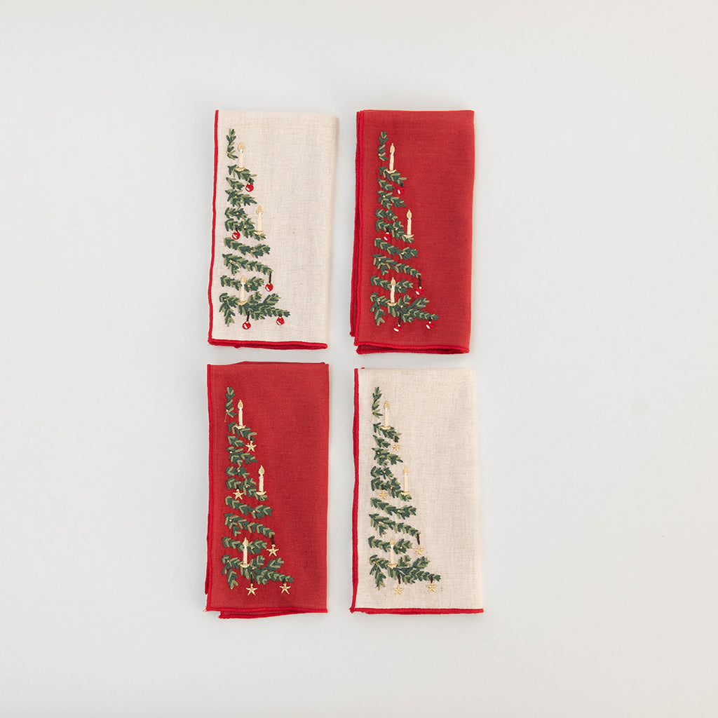 Red & Natural Tree Linen Napkins - Set of 4