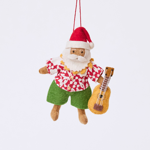 Handmade felt Tropical Santa Ornament from Craftspring rotating to show front, side, and back views — Santa wears a Hawaiian Aloha shirt and holds a ukulele, ethically crafted by artisans using sustainable wool.