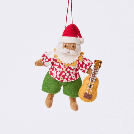 Handmade felt Tropical Santa Ornament from Craftspring rotating to show front, side, and back views — Santa wears a Hawaiian Aloha shirt and holds a ukulele, ethically crafted by artisans using sustainable wool.