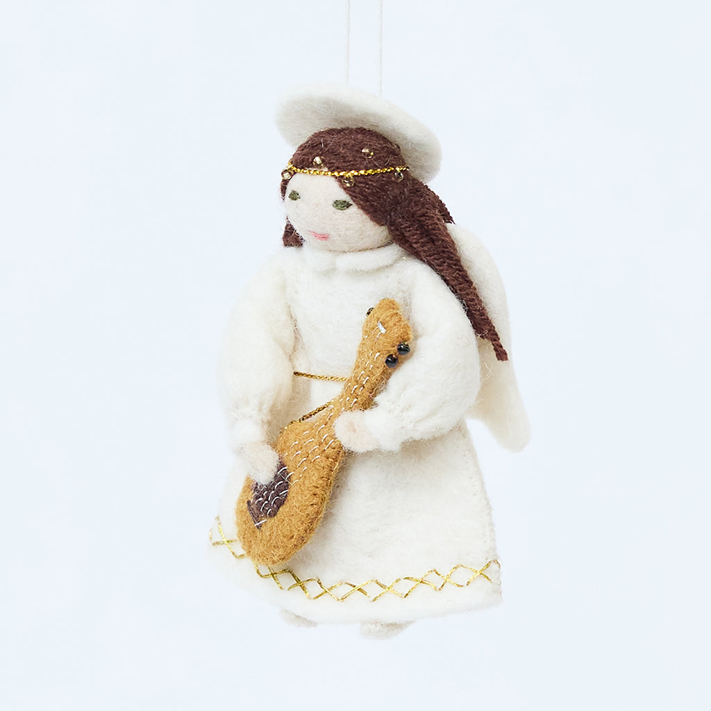 Handmade felt Vintage-Style Angel Playing Lute Ornament from Craftspring, with beaded and golden embroidered details—angel playing a lute, heirloom-quality Christmas decor, perfect for holiday gifting, ethically crafted by artisans using sustainable wool.