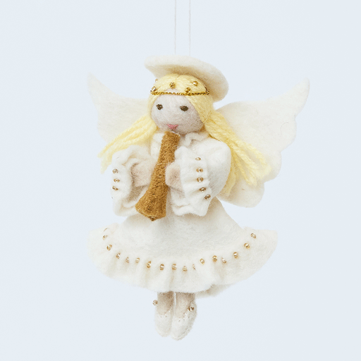 Handmade felt Vintage-Style Angel Playing Trumpet Ornament from Craftspring rotating to show front, side, and back views—angel with detailed beading and embroidery, heirloom-quality Christmas decor, ethically crafted by artisans using sustainable wool.
