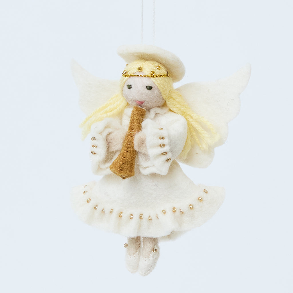 Handmade felt Vintage-Style Angel Playing Trumpet Ornament from Craftspring, with intricate beaded and embroidered details—angel playing a trumpet, heirloom-quality Christmas decor, perfect for holiday gifting, ethically crafted by artisans using sustainable wool.