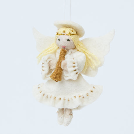 Handmade felt Vintage-Style Angel Playing Trumpet Ornament from Craftspring, with intricate beaded and embroidered details—angel playing a trumpet, heirloom-quality Christmas decor, perfect for holiday gifting, ethically crafted by artisans using sustainable wool.