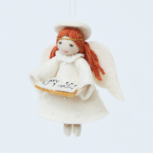 Handmade felt Vintage-Style Angel Singing Noel Ornament from Craftspring rotating to show front, side, and back views—angel with detailed beading and embroidery, heirloom-quality Christmas decor, ethically crafted by artisans using sustainable wool.