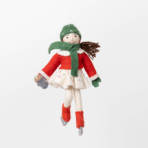Old-Time Ice Skater Girl Ornament - Dark Brown Hair