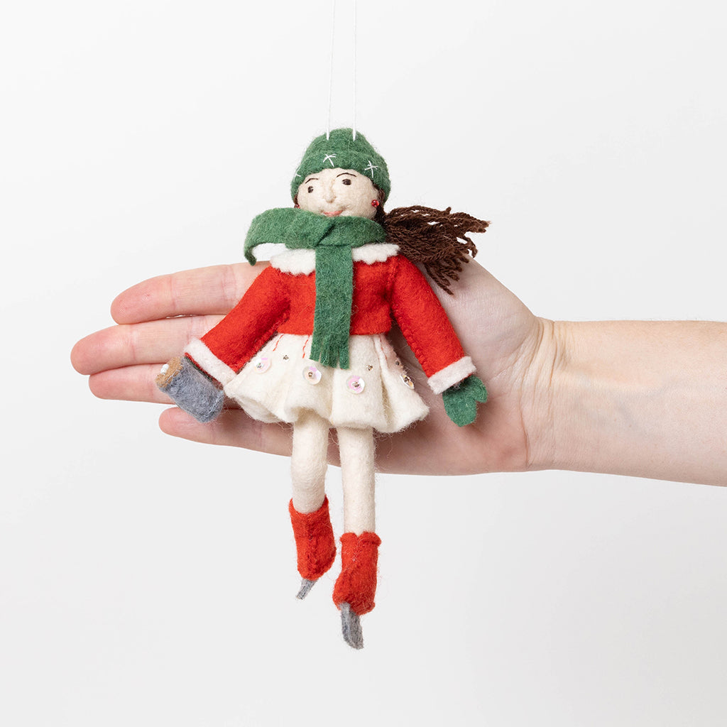 Old-Time Ice Skater Girl Ornament - Dark Brown Hair