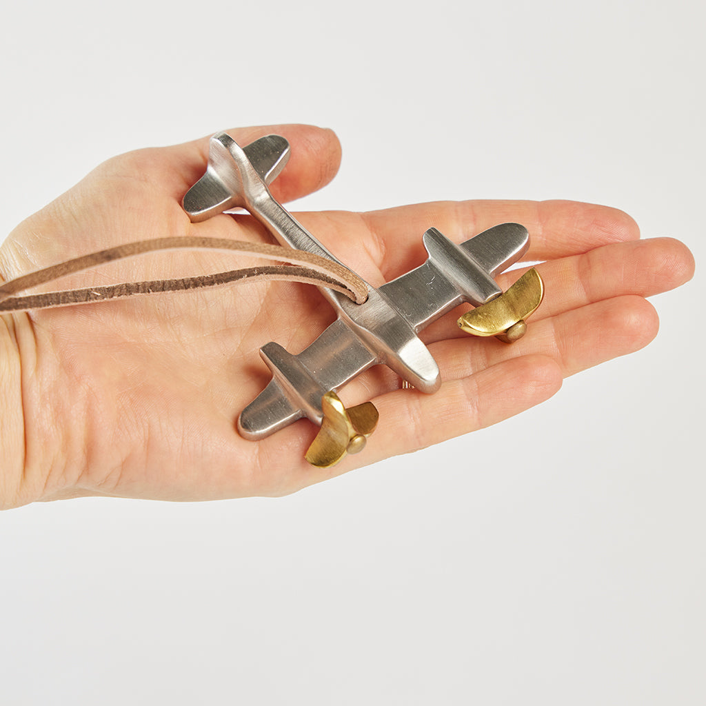 Propeller Plane Ornament - Pewter with Antique Brass