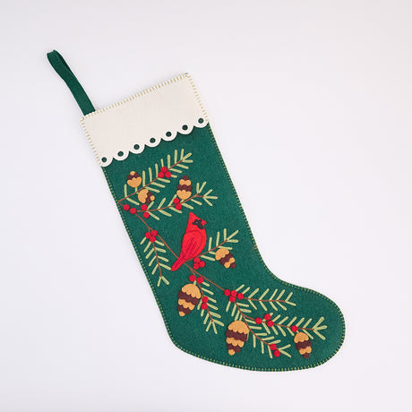 Handmade felt Woodland Stocking ornament from Craftspring, featuring intricate applique and embroidered details, including a cardinal sitting on a pine branch—heirloom-quality Christmas decor, ethically crafted by artisans using sustainable wool.