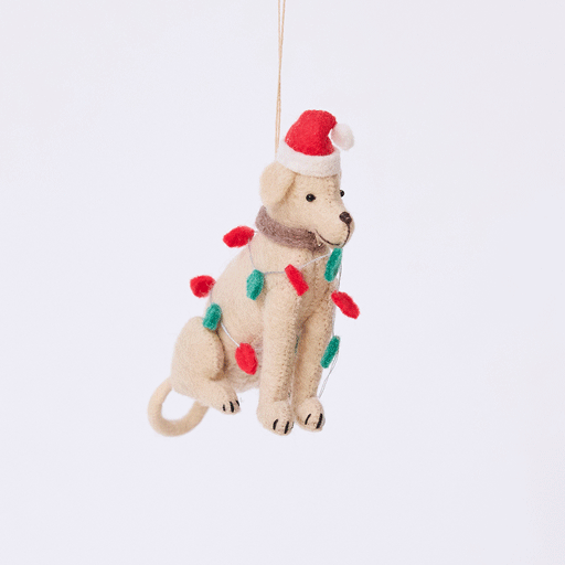 Craftspring’s Yellow Lab in Christmas Lights Ornament rotating to show front, side, and back views — felt dog wrapped in Christmas lights and wearing a Santa hat, a whimsical ornament perfect for holiday gifting — heirloom-quality Christmas decor, ethically crafted by artisans using sustainable wool.