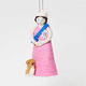 Young Queen Elizabeth II felt ornament in gala attire with a loyal corgi at her side. Handmade wool Christmas ornament honoring British royalty. Fair trade and ready to hang. GIF 360 degree view