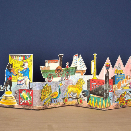 Illustrated by Emily Sutton, England-based artist, Victorian-inspired tin toy animal motif, Die-cut concertina (accordion fold) design