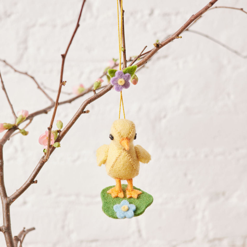 Yellow Spring Chick Ornament with Grass & Flowers