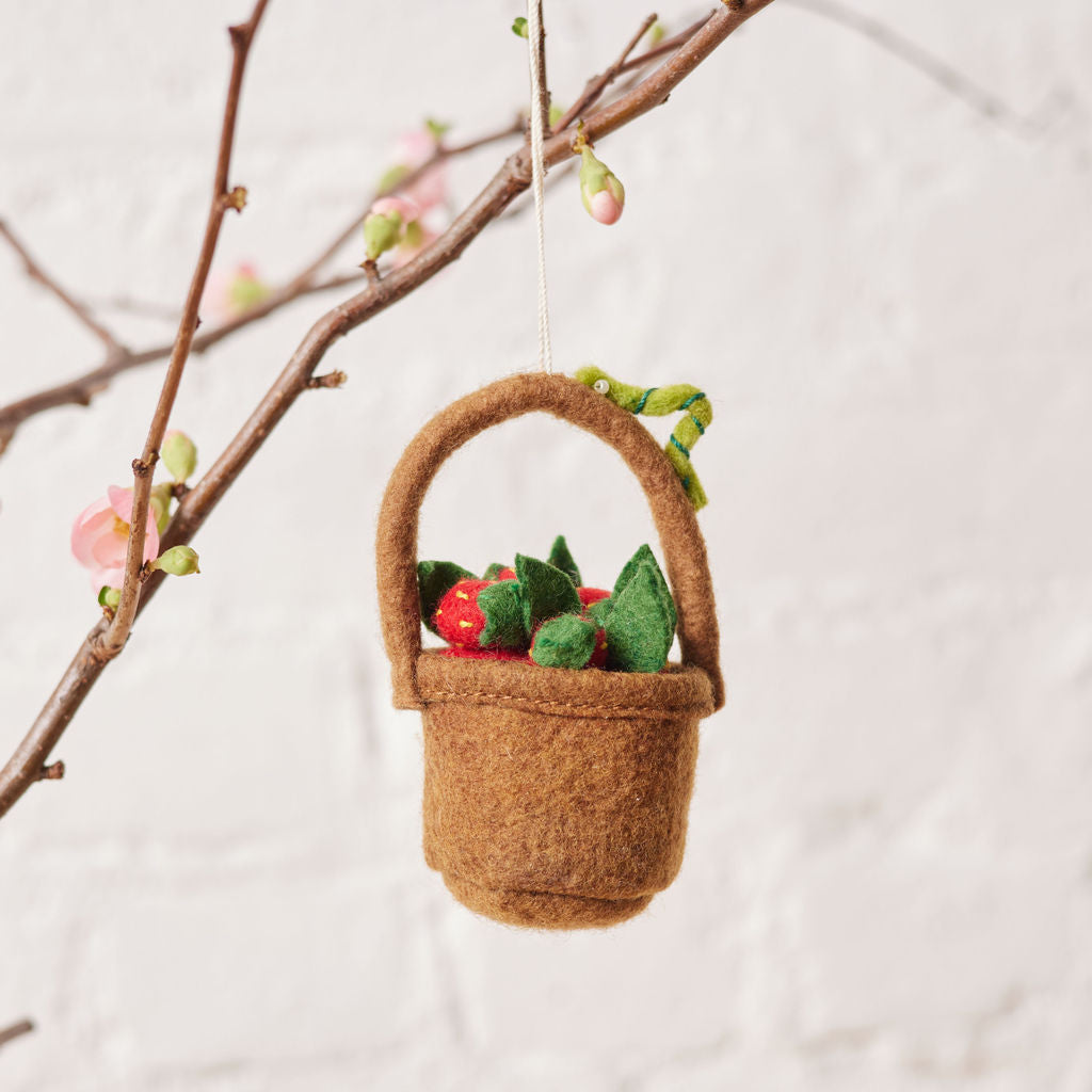 Hand-felted strawberry basket ornament with wool strawberries and caterpillar, eco-friendly holiday decor.